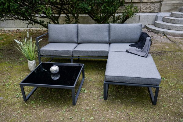 Zestaw mebli wypoczynkowych ( 3 - osobowa sofa, pufa +stolik) MOSTRARE szare aluminium, szare poduchy