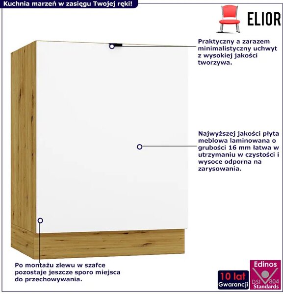 Jednodrzwiowa szafka kuchenna pod zlew 60 cm biały + dąb artisan W0-H37