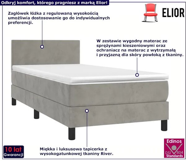 Jasnoszare tapicerowane łóżko z materacem 90x200 F1-Z49
