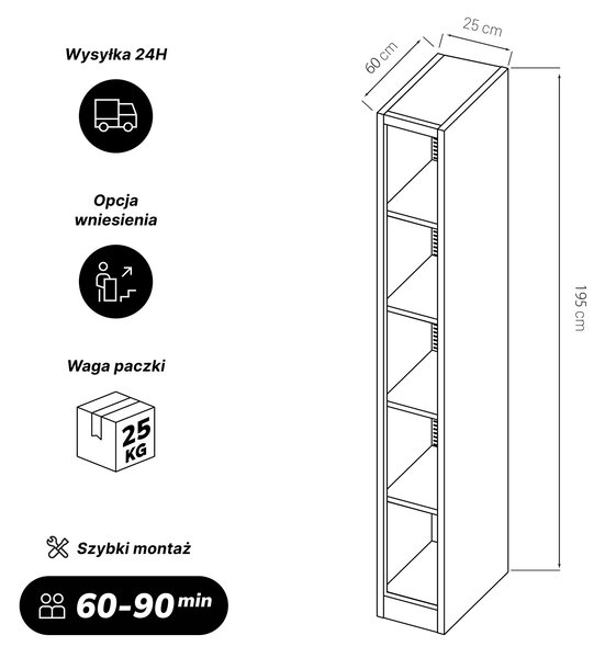 Regał metalowy wąski, archiwizacyjny na dokumenty czarny, 250x1950x600 mm: TIM