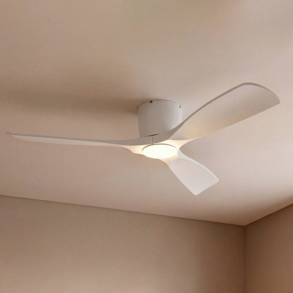 Lucande Smart – wentylator sufitowy LED Moneno, biały, DC, Tuya Moneno Lucande, możliwość ściemniania, biały / opal, salon / jadalnia, metal, nowoczesny