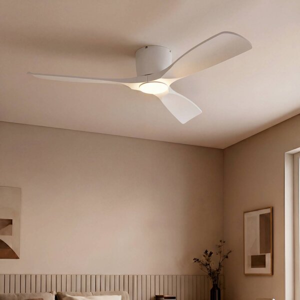 Lucande Smart – wentylator sufitowy LED Moneno, biały, DC, Tuya Moneno Lucande, możliwość ściemniania, biały / opal, salon / jadalnia, metal, nowoczesny