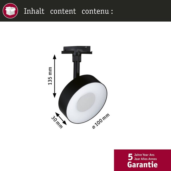 Paulmann URail spot LED Circle, czarny, 3-stopniowa regulacja jasności, CCT możliwość ściemniania, czarny, salon / jadalnia, metal, nowoczesny