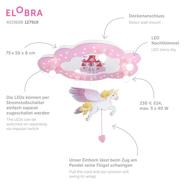 Elobra Lampa sufitowa Schloss, fioletowy / różowy / bladoróżowy, pokój dziecięcy, drewno