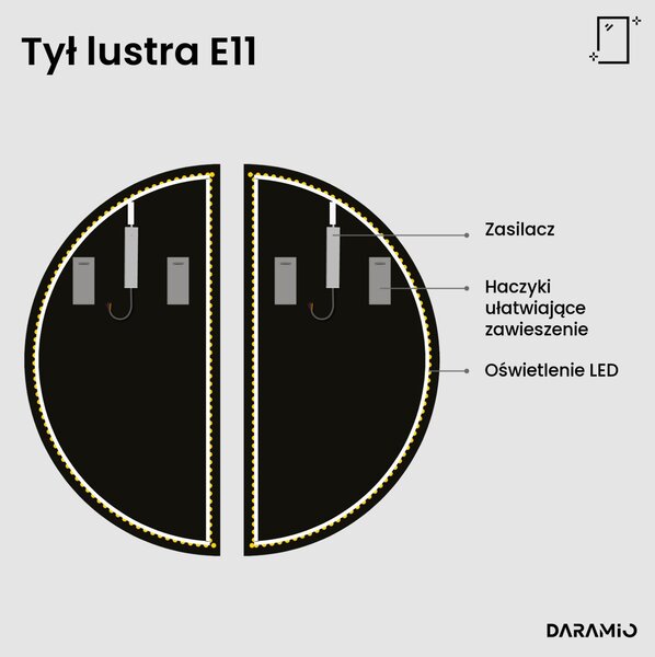 Dwuczęściowe lustro łazienkowe półokrągłe LED E11