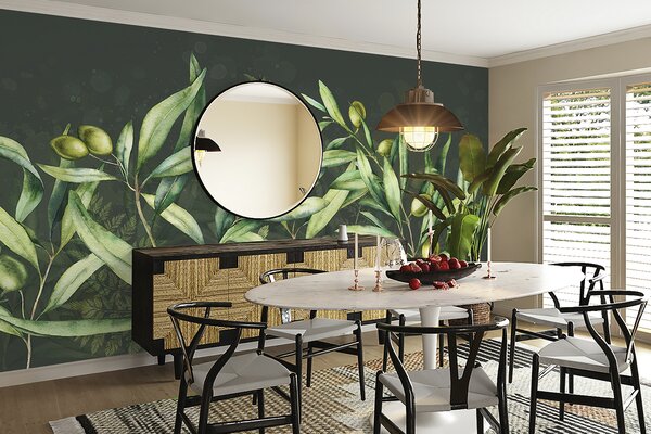 Fototapety Ilustracja oliwek, kwiatowy wzór, tropikalny, akwarela, duże liście, ciemne, Fototapety Natura, Fototapety Liście, w00407v4 : Uwalls.pl