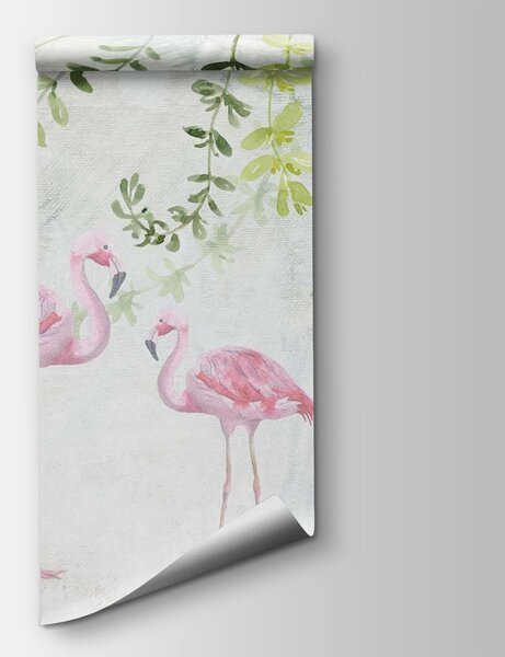 Fototapeta Dwa różowe flamingi z zielonymi liśćmi, Fototapety z zwierzętami, Popularne Fototapety, u19802 - Tapeko.pl