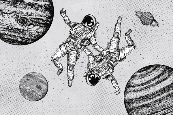Fototapeta Rysunek przedstawiający astronautów w kosmosie, Fototapety Kosmos, Popularne Fototapety, w00630 - Tapeko.pl