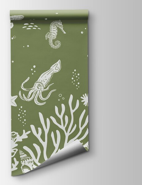 Fototapeta Rysunek morskiego życia na zielonym tle, Fototapety Morze i Plaża, Popularne Fototapety, w00850v2 - Tapeko.pl