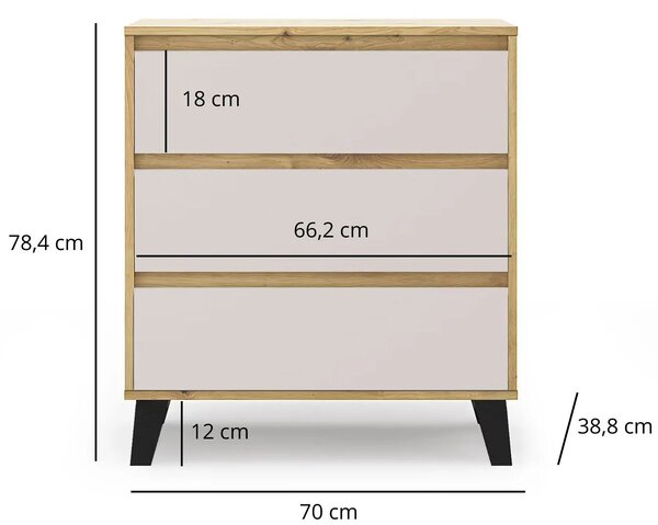 Komoda z 3 szufladami do sypialni dąb artisan + kaszmir G2-S61