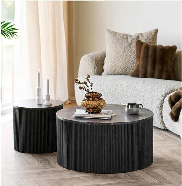 Ciemnobrązowy okrągły stolik z blatem w dekorze marmuru ø 80 cm Rota – House Nordic