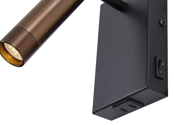 Nowoczesny kinkiet czarny z ciemnobrązowym regulowanym złączem USB-C - Croft