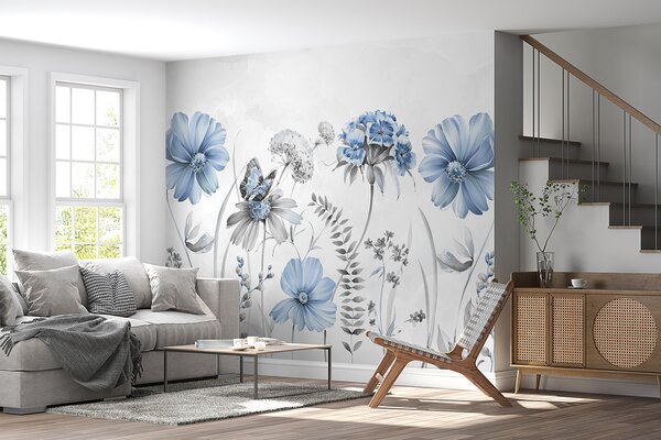 Fototapety Duże delikatne kwiaty i rośliny z motylem, Fototapety Zwierzęta, Fototapety Motyle, w07905v2 : Uwalls.pl