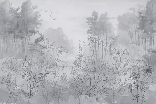Fototapety Krajobraz leśny z dzikimi kwiatami, grafika liniowa, realizm, drzewa, natura, szara paleta kolorów, Fototapety Natura, w08142v2 : Uwalls.pl