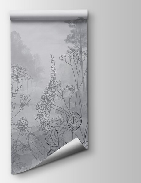 Fototapeta Obraz lasu z przelatującymi ptakami w skali szarości, Fototapety Natura, Popularne Fototapety, w08142v2 - Tapeko.pl