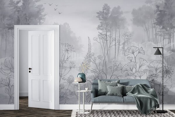 Fototapety Krajobraz leśny z dzikimi kwiatami, grafika liniowa, realizm, drzewa, natura, szara paleta kolorów, Fototapety Natura, w08142v2 : Uwalls.pl