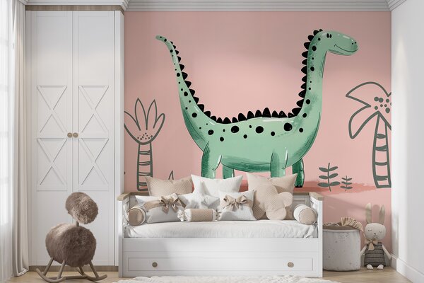 Fototapeta Kreskówkowy dinozaur z roślinami i liśćmi, Fototapety Dinozaury, Popularne Fototapety, w01357 - Tapeko.pl