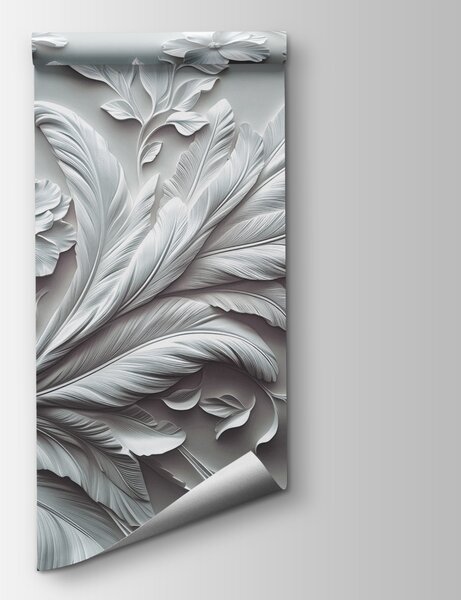 Fototapeta Biała ściana z kwiatami i liśćmi, Fototapety 3d z kwiatami, Popularne Fototapety, w01356v2 - Tapeko.pl