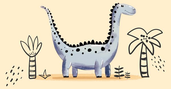 Fototapeta Kreskówkowy dinozaur z roślinami i kwiatami, Fototapety Dinozaury, Popularne Fototapety, w01357v2 - Tapeko.pl