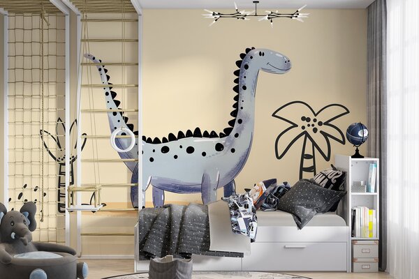 Fototapeta Kreskówkowy dinozaur z roślinami i kwiatami, Fototapety Dinozaury, Popularne Fototapety, w01357v2 - Tapeko.pl