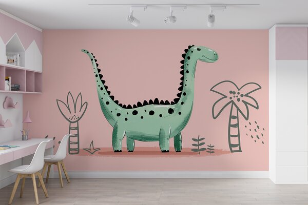 Fototapeta Kreskówkowy dinozaur z roślinami i liśćmi, Fototapety Dinozaury, Popularne Fototapety, w01357 - Tapeko.pl