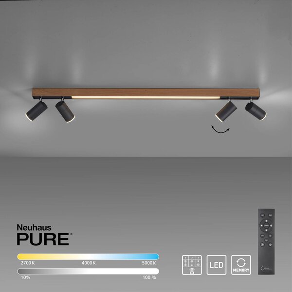 PURE Lampa sufitowa Lines Spot, możliwość ściemniania, jasne drewno, salon / jadalnia, aluminium