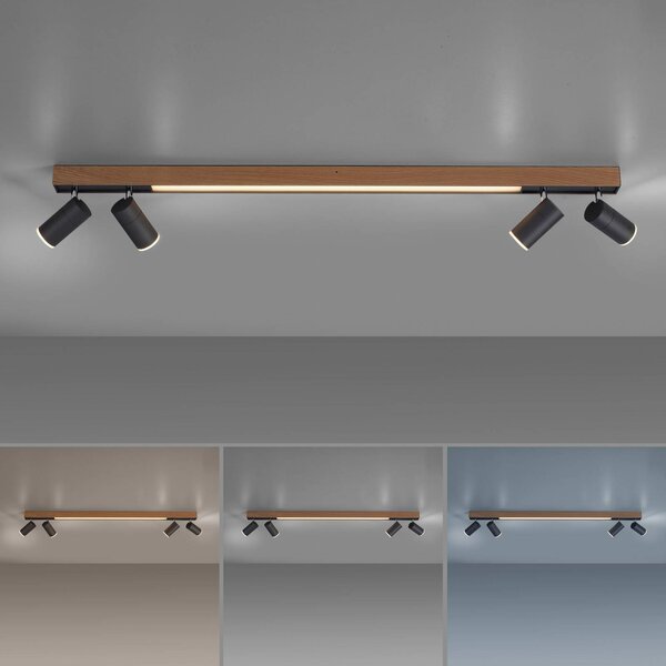 PURE Lampa sufitowa Lines Spot, możliwość ściemniania, jasne drewno, salon / jadalnia, aluminium