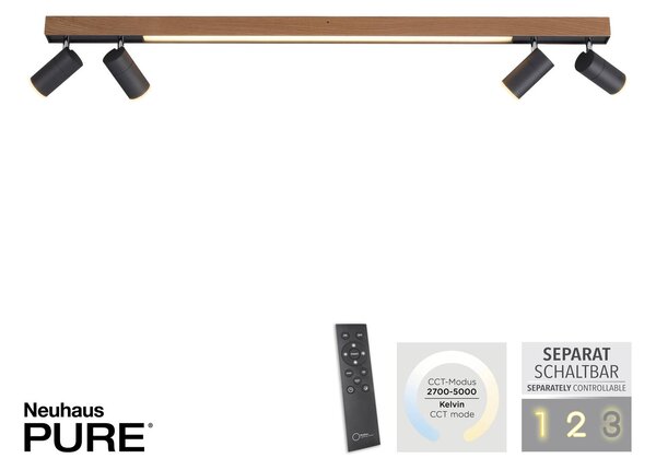 PURE Lampa sufitowa Lines Spot, możliwość ściemniania, jasne drewno, salon / jadalnia, aluminium