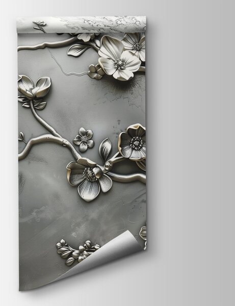 Fototapeta Srebrny kwiatowy wzór na ścianie, Fototapety 3d z kwiatami, Popularne Fototapety, w01432 - Tapeko.pl