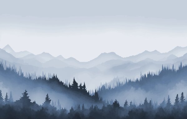 Fototapeta Mglisty górski krajobraz z drzewami i górami, Fototapety Natura, Popularne Fototapety, w01747v2 - Tapeko.pl