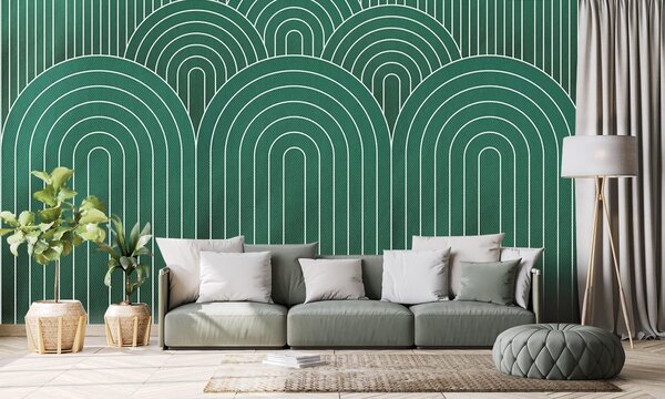 Tapeta zielony wzór tęcza Mid-Century
