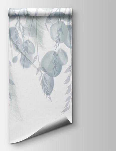 Fototapeta Białe i szare tło z piórami i kwiatami, Fototapety Natura, Popularne Fototapety, w08380 - Tapeko.pl
