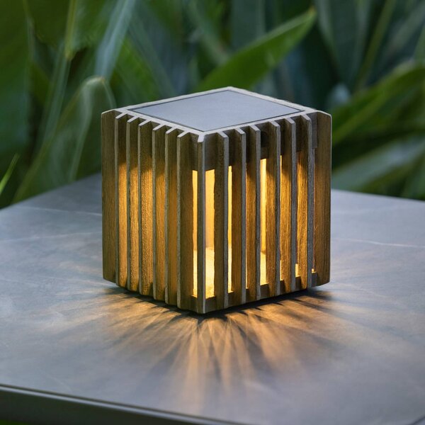Les Jardins Solarna lampa stołowa LED Verti, teak-szary, 3000 K, 300 lm możliwość ściemniania, jasne drewno, drewno, nowoczesny