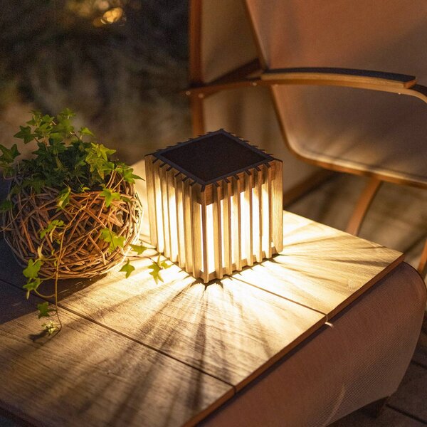 Les Jardins Solarna lampa stołowa LED Verti, teak-szary, 3000 K, 300 lm możliwość ściemniania, jasne drewno, drewno, nowoczesny