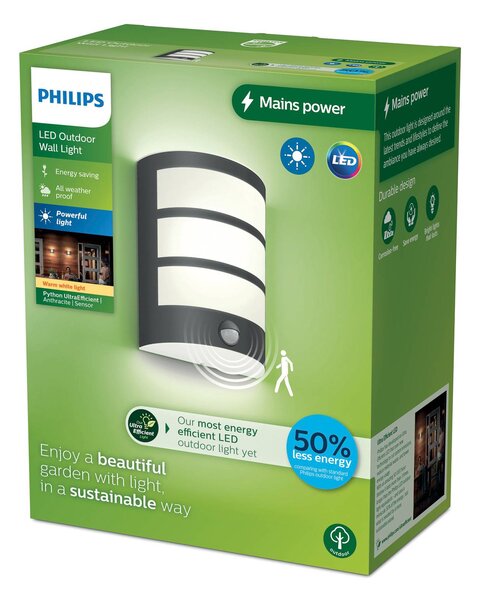 Philips Lampa zewnętrzna z czujnikiem ruchu Python, czarny, stal szlachetna, nowoczesny