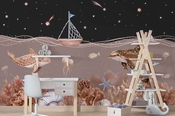 Fototapeta Życie morskie z łodzią i wielorybem, Fototapety Morze i Plaża, Popularne Fototapety, w02310v1 - Tapeko.pl