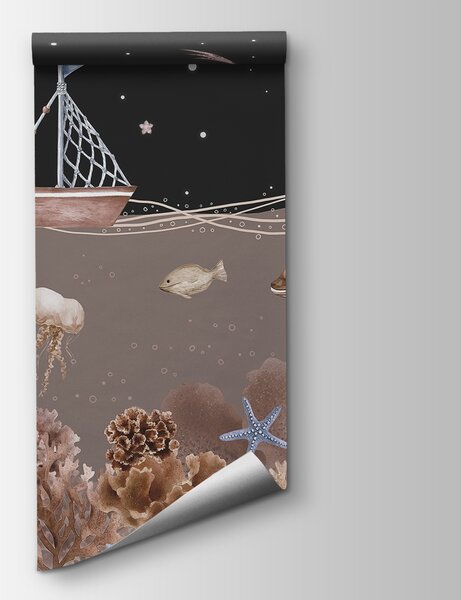 Fototapeta Życie morskie z łodzią i wielorybem, Fototapety Morze i Plaża, Popularne Fototapety, w02310v1 - Tapeko.pl