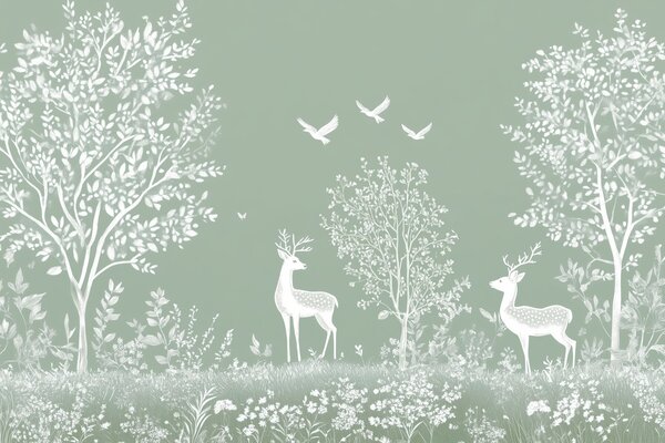 Fototapety las z jeleniem w stylu rysunku kredą na zielonym tle, Fototapety Natura, w02444 : Uwalls.pl