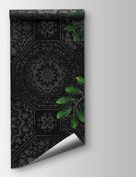 Fototapeta Czarno-szara tapeta z zielonymi liśćmi, Fototapety Natura, Popularne Fototapety, w08647 - Tapeko.pl