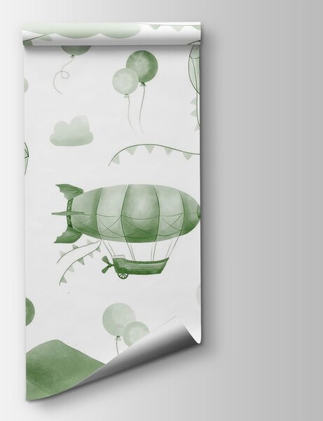 Fototapeta Zielone i białe tło z balonami i górami, Fototapety Balony, Popularne Fototapety, w08765v3 - Tapeko.pl