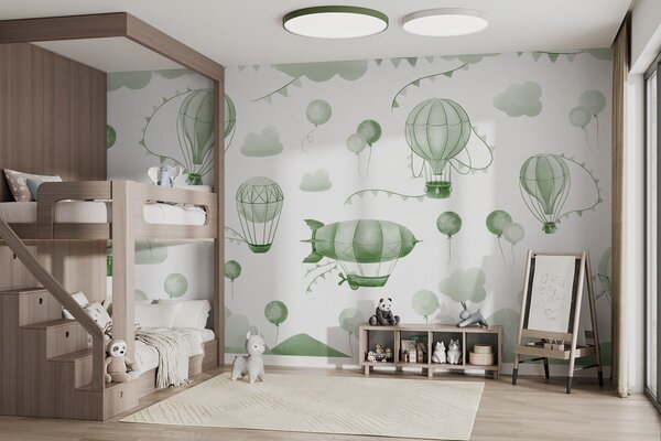 Fototapeta Zielone i białe tło z balonami i górami, Fototapety Balony, Popularne Fototapety, w08765v3 - Tapeko.pl