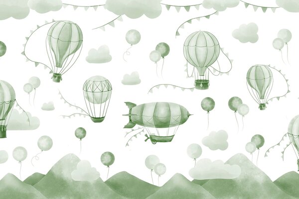 Fototapeta Zielone i białe tło z balonami i górami, Fototapety Balony, Popularne Fototapety, w08765v3 - Tapeko.pl