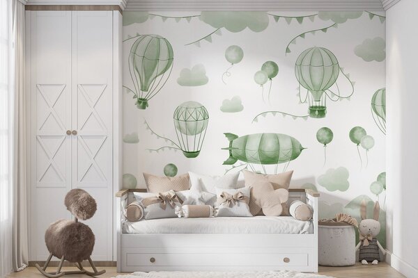 Fototapeta Zielone i białe tło z balonami i górami, Fototapety Balony, Popularne Fototapety, w08765v3 - Tapeko.pl