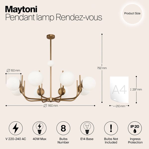 Maytoni Lampa wisząca szklana Rendez-vous, możliwość ściemniania, mosiężny / złoty, salon / jadalnia, metal