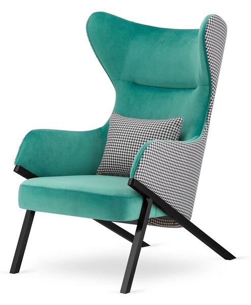 Fotel Classy glamour Turkusowy – uszak do salonu z pepitką i designerską czarną podstawą – wygodny uszak z pepitką do salonu
