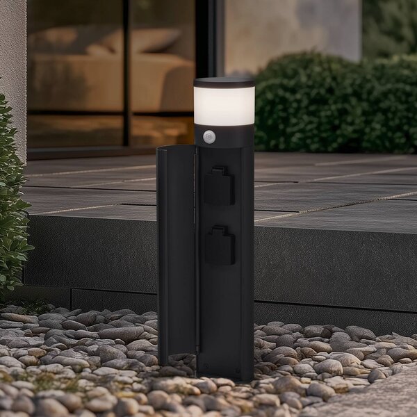 Lampa cokołowa Lucande Corban, szary, czujnik, gniazda, IP44 Corban Lucande, możliwość ściemniania, czarny, aluminium, nowoczesny