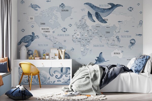Fototapeta Mapa świata ze zwierzętami morskimi, Fototapety z mapami świata, Popularne Fototapety, w03526v3 - Tapeko.pl