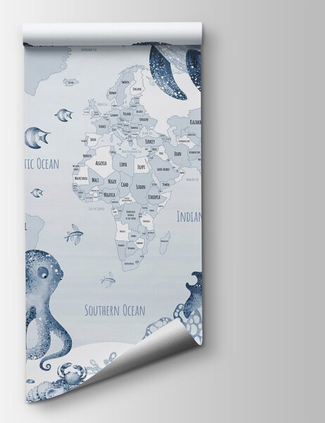 Fototapeta Mapa świata ze zwierzętami morskimi, Fototapety z mapami świata, Popularne Fototapety, w03526v3 - Tapeko.pl