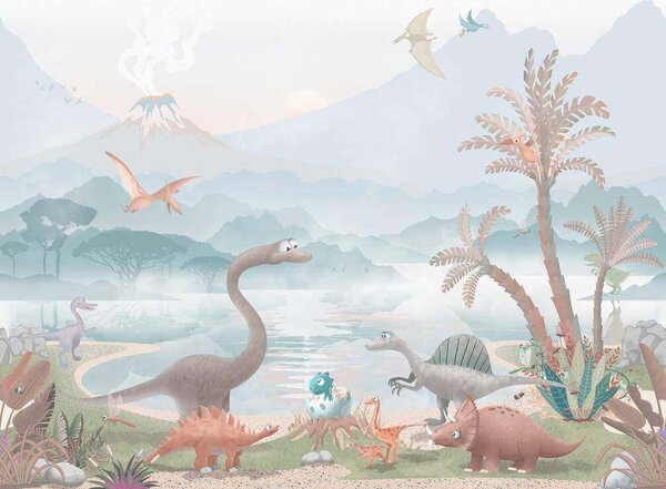 Fototapeta Grupa dinozaurów nad jeziorem, Fototapety Dinozaury, Popularne Fototapety, u60040v2 - Tapeko.pl