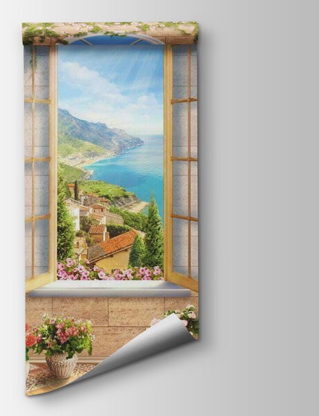 Fototapeta Okno z widokiem na miasto i zbiornik wodny, Fototapety Widok z okna, Popularne Fototapety, u07042 - Tapeko.pl